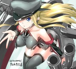 Rule 34 | 10s, 1girl, armor, bare shoulders, bismarck (kancolle), blonde hair, blue eyes, breastplate, breasts, detached sleeves, grey thighhighs, hat, hat over one eye, kantai collection, kriegsmarine, kuon (break through), large breasts, leaning forward, long hair, looking at viewer, machinery, mecha musume, military, military uniform, one-hour drawing challenge, peaked cap, pouty lips, silver legwear, skindentation, solo, thighhighs, uniform, zettai ryouiki