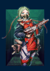 Rule 34 | 1girl, absurdres, apron, aqua eyes, black jacket, blue border, border, breasts, brown gloves, cable, commentary, covered mouth, feet out of frame, gloves, green hair, grey pants, gun, highres, holding, holding gun, holding weapon, jacket, knee pads, looking at viewer, mabo9317, making-of available, mask, medium breasts, mouth mask, original, outside border, pants, red apron, short hair, solo, weapon