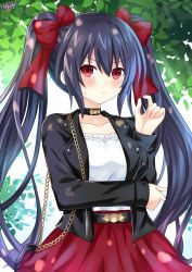 Rule 34 | 1girl, absurdres, bag, belt, black hair, black jacket, blush, bow, breasts, choker, collarbone, commentary, english commentary, hair between eyes, hair bow, highres, jacket, lewdkuma, long hair, looking at viewer, medium breasts, neptune (series), noire (neptunia), open clothes, open jacket, red bow, red eyes, red skirt, shirt, shoulder bag, sidelocks, signature, skirt, solo, sweatdrop, twintails, v-shaped eyebrows, white shirt