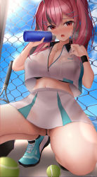 Rule 34 | 1girl, azur lane, bad id, bad pixiv id, blue eyes, blush, bottle, breasts, bremerton (azur lane), bremerton (scorching-hot training) (azur lane), chain-link fence, fence, from below, hair ornament, hairclip, highres, large breasts, long hair, looking at viewer, mhru, midriff, multicolored hair, navel, pink hair, red eyes, see-through, sitting, skirt, sportswear, streaked hair, sweat, tennis uniform, twintails, water bottle, wet, wet clothes
