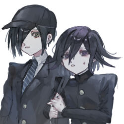 Rule 34 | 2boys, bag, black hair, buttons, danganronpa (series), danganronpa v3: killing harmony, eyelashes, flipped hair, gakuran, hair between eyes, hair over one eye, hat, highres, jacket, long sleeves, looking at viewer, male focus, multiple boys, muted color, necktie, ohn (hiyu194), oma kokichi, pale skin, parted lips, purple eyes, purple hair, ringed eyes, saihara shuichi, school bag, school uniform, short hair, simple background, sweatdrop, upper body, white background, yellow eyes