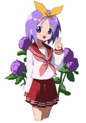 1girl blue_eyes bow commentary hair_ribbon highres hiiragi_tsukasa lucky_star neckerchief open_mouth purple_hair red_neckerchief red_skirt ribbon ryouou_school_uniform school_uniform serafuku shirt short_hair skirt smile solo wuju59