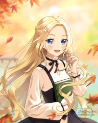 Rule 34 | 1girl, artist name, autumn, autumn leaves, black dress, blonde hair, blue eyes, blurry, blurry background, blush, book, dress, dress shirt, evening, flower, forehead, hair flower, hair ornament, highres, holding, leaf, lilia creative, long hair, long sleeves, looking at viewer, maple leaf, neck ribbon, open mouth, original, reading, resolution mismatch, ribbon, shirt, smile, source smaller, sunset, upper body, water, wavy hair, wide sleeves
