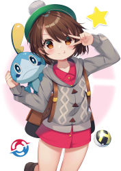 Rule 34 | 1girl, :t, absurdres, backpack, bag, blush, bob cut, brown bag, brown eyes, brown hair, buttons, cable knit, cardigan, clenched hand, closed mouth, collared dress, commentary, creatures (company), dress, game freak, gen 8 pokemon, gloria (pokemon), green headwear, grey cardigan, hat, highres, hooded cardigan, ikazu401, looking at viewer, nintendo, pink dress, poke ball, pokemon, pokemon (creature), pokemon swsh, short hair, smile, sobble, star (symbol), tam o&#039; shanter, ultra ball, v
