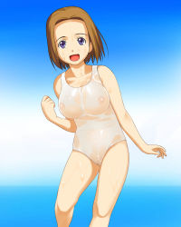 Rule 34 | 00s, 1girl, a1 (initial-g), blue eyes, breasts, brown hair, covered erect nipples, female pubic hair, kamichu!, large breasts, nipples, one-piece swimsuit, pubic hair, see-through, shijou mitsue, short hair, solo, swimsuit, wet