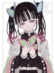Rule 34 | 1girl, animal print, ao (ao0 0nemu), bad id, bad twitter id, black hair, black jacket, blunt bangs, butterfly hair ornament, butterfly print, character name, closed mouth, commentary request, dated, demon slayer uniform, gradient hair, hair ornament, hands up, happy birthday, highres, holding butterfly, jacket, japanese clothes, kimetsu no yaiba, long hair, long sleeves, looking at viewer, multicolored hair, pink hair, purple eyes, smile, solo, tsuyuri kanao, twintails, upper body, wide sleeves