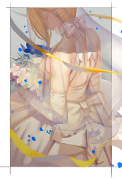 Rule 34 | 1girl, artoria pendragon (all), artoria pendragon (fate), blonde hair, blue flower, bouquet, bow, breasts, bridal veil, commentary request, dress, elbow gloves, facing away, fate/grand order, fate (series), flower, gaoyang ou nisang, gloves, head tilt, highres, holding, holding bouquet, long hair, medium breasts, nero claudius (bride) (fate), nero claudius (fate), nero claudius (fate) (all), official alternate costume, ribbon, saber (fate), saber (royal dress) (fate), see-through, solo, strapless, strapless dress, veil, wedding dress, white bow, white dress, white flower, white gloves, yellow ribbon