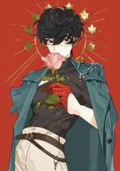Rule 34 | 1boy, abs, amamiya ren, belt, black hair, black shirt, blue coat, brown belt, coat, coat on shoulders, compression shirt, cowboy shot, flower, glasses, gloves, hair ornament, halo behind head, highres, holding, holding flower, looking ahead, looking at viewer, muscular, muscular male, open clothes, open coat, pants, persona, persona 5, persona 5 the royal, pink flower, pink rose, red background, red eyes, red gloves, rose, shirt, short hair, simple background, solo, turtleneck shirt, white pants, yuirua55234