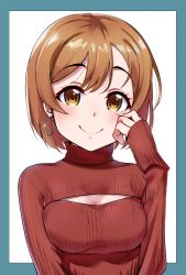 Rule 34 | 1girl, absurdres, alternate hair length, alternate hairstyle, blue border, blush, bob cut, border, breasts, brown eyes, brown hair, cleavage cutout, closed mouth, clothing cutout, glint, hand up, highres, igarashi kyouhei, kunikida hanamaru, long sleeves, looking at viewer, love live!, love live! sunshine!!, medium breasts, meme attire, open-chest sweater, red sweater, simple background, smile, solo, sweater, upper body, white background