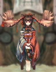Rule 34 | 1girl, ai ken, animal ears, antlers, bad id, bad twitter id, barefoot, black hair, blunt bangs, blurry, blurry background, chair, closed mouth, front ponytail, full body, hair ornament, hair stick, horns, japanese clothes, kimono, long hair, long sleeves, looking at viewer, moose ears, obi, original, outdoors, red eyes, sash, sitting, smile, solo, wide sleeves