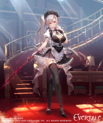 Rule 34 | 1girl, absurdres, breasts, cleavage, commentary request, evertale, full body, gloves, high heels, highres, holding, holding sword, holding weapon, indoors, kakage, long hair, looking at viewer, maid, maid headdress, medium breasts, red eyes, short sleeves, side ponytail, solo, stairs, standing, sword, thighhighs, very long hair, weapon, white hair