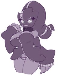Rule 34 | 1girl, banette, bare shoulders, breasts, cleavage, collar, creatures (company), detached sleeves, female focus, game freak, gen 3 pokemon, ghost, glowing, glowing eyes, half-closed eyes, hand up, highres, large breasts, looking at viewer, mega banette, mega pokemon, monochrome, nintendo, no humans, panties, pokemon, pokemon (creature), pokemon rse, simple background, smile, solo, standing, strapless, striped clothes, striped panties, teeth, thundragon, underwear, white background, zipper, zipper pull tab