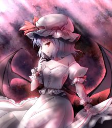 Rule 34 | 1girl, adapted costume, bare shoulders, bat wings, blue hair, breasts, collarbone, detached sleeves, fang, fang out, finger to mouth, hat, hat ribbon, long skirt, looking at viewer, minust, mob cap, puffy short sleeves, puffy sleeves, red eyes, remilia scarlet, ribbon, sash, short hair, short sleeves, skirt, skirt hold, skirt set, slit pupils, small breasts, smile, solo, touhou, white skirt, wings, wrist cuffs
