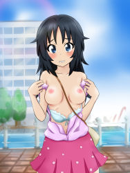 Rule 34 | 10s, 1girl, bag, black hair, blue bra, blue eyes, blue sky, blurry, blurry background, blush, bow, bow bra, bra, bra pull, breasts, carrying, casual, clothes pull, cowboy shot, day, freckles, frilled bra, frills, girls und panzer, grin, handbag, highres, long hair, looking at viewer, medium breasts, miniskirt, misakichi (fechisupi777), navel, nipples, open clothes, open shirt, opened by self, outdoors, pink skirt, pleated skirt, polka dot, polka dot skirt, pulling own clothes, purple shirt, ribs, shirt, shirt pull, skirt, sky, smile, solo, standing, underwear, yamagou ayumi