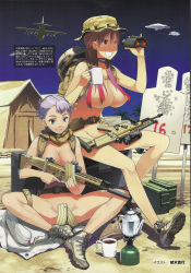 Rule 34 | 2girls, absurdres, aircraft, airplane, asaki takayuki, bag, bare shoulders, belt, blue eyes, breasts, censored, clenched teeth, coffee, convenient censoring, cup, desert, hat, highres, large breasts, legs, long hair, multiple girls, naked scarf, nipples, nude, purple hair, red eyes, red hair, scarf, shadow, shoes, short hair, sitting, sky, smile, spread legs, teeth, thighs, translation request, weapon