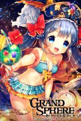 Rule 34 | 1girl, :d, amenosaka nono, bikini, bikini skirt, blue eyes, blue hair, blue nails, bow, bracelet, breasts, cleavage, cocktail flower, cocktail glass, copyright name, cup, drinking glass, drinking straw, food, front-tie top, fruit, grand sphere, hair bow, halterneck, hand on leg, hat, hat feather, holding, holding cup, holding drinking glass, jewelry, leaning forward, lemon, lemon slice, long hair, looking at viewer, midriff, nail polish, navel, night, official art, open mouth, pirate hat, red bow, small breasts, smile, solo, swimsuit, thighlet, twintails, water drop, wine glass, yellow bow
