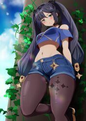 Rule 34 | 1girl, against wall, alternate costume, black choker, black hair, blue shorts, blue sky, breasts, brown pantyhose, choker, closed mouth, crop top, crop top overhang, denim, denim shorts, from below, genshin impact, green eyes, highres, leaf, looking at viewer, looking down, medium breasts, midriff, mona (genshin impact), navel, off-shoulder shirt, off shoulder, pantyhose, req, shirt, short shorts, shorts, sky, solo, stomach, thick thighs, thighs, twintails, yuzu kiro