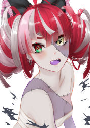 Rule 34 | 1girl, absurdres, breasts, cleavage, colored tongue, fangs, heterochromia, highres, hololive, hololive indonesia, kureiji ollie, mismatched pupils, multicolored hair, open mouth, patreon username, purple tongue, red hair, regiana (jubi), sarashi, simple background, solo, stitched face, stitched torso, stitches, streaked hair, symbol-shaped pupils, virtual youtuber, white background, zombie