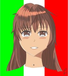 Rule 34 | 1girl, brown eyes, brown hair, colorized, italy, long hair, simple background, smile, solo
