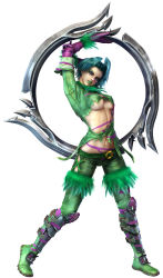 Rule 34 | 1girl, 3d, absurdres, arms up, belt, blue hair, bodypaint, boots, breasts, breasts apart, chakram, cross-laced clothes, eiserne drossel (weapon), elbow gloves, eyelashes, eyeshadow, facepaint, facial mark, feathers, full body, fur trim, gloves, green footwear, green lips, head tilt, highres, holding, holding own arm, holding weapon, huge weapon, kawano takuji, large breasts, leather, leather pants, legs apart, lipstick, looking at viewer, makeup, midriff, mole, mole under eye, navel, no bra, official art, pants, parted lips, purple eyes, purple gloves, revealing clothes, ring blade, shin guards, short hair, simple background, sleeves rolled up, solo, soul calibur, soulcalibur, soulcalibur iii, standing, thigh boots, thighhighs, tira (soulcalibur), torn clothes, underboob, weapon, white background