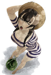 Rule 34 | 1girl, arizuka (catacombe), barefoot, braid, breasts, brown eyes, brown hair, dress, food, from above, fruit, hat, highres, holding, net, one-piece swimsuit, open mouth, original, simple background, solo, striped clothes, striped dress, striped one-piece swimsuit, sweat, swimsuit, twin braids, water, watermelon