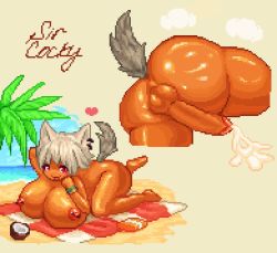 Rule 34 | 1girl, animal ears, ass, beach, breasts, cum, full body, futanari, highres, large breasts, large penis, penis, pixel art, sand, self-upload, solo, sweat, tail, thighhighs, wolf ears, wolf tail