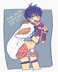Rule 34 | 1boy, arash (fate), bad id, bad twitter id, blush, border, capelet, child, cropped legs, fate/grand order, fate/prototype, fate/prototype: fragments of blue and silver, fate (series), fur trim, gift bag, grey background, looking at viewer, male focus, midriff, open mouth, outside border, sack, santa costume, shorts, simple background, sketch, smile, solo, suzuo, thigh strap, translation request, white border, aged down