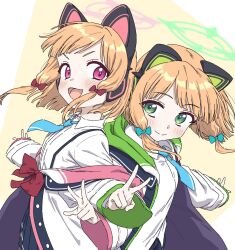 Rule 34 | 2girls, animal ear headphones, animal ears, blue archive, blue bow, blush, bow, brilliantko, cat ear headphones, coat, collared shirt, fake animal ears, green eyes, hair bow, halo, headphones, highres, long sleeves, looking at viewer, midori (blue archive), momoi (blue archive), multiple girls, open clothes, open coat, open mouth, orange hair, pink eyes, red bow, shirt, siblings, simple background, sisters, smile, twins, two-tone background, v, w, white coat, white shirt