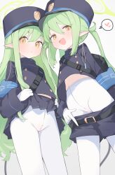 Rule 34 | 2girls, absurdres, belt, black belt, black hat, black shirt, black shorts, black skirt, black tail, blue archive, cameltoe, cleft of venus, clothes lift, clothes pull, demon tail, fang, gloves, green hair, green halo, halo, hat, heart, hikari (blue archive), nozomi (blue archive), highres, lifted by self, long hair, long sleeves, looking at viewer, mikozin, multiple girls, pantyhose, peaked cap, pleated skirt, pointy ears, pulled by self, shirt, shorts, shorts pull, sidelocks, simple background, skin fang, skirt, skirt lift, spoken heart, tail, twintails, white background, white gloves, white pantyhose, yellow eyes