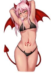Rule 34 | 1girl, armpits, arms behind head, arms up, bare shoulders, bikini, black bikini, blush, breasts, chloe von einzbern, cleavage, collarbone, commentary, cowboy shot, dark-skinned female, dark skin, demon girl, demon horns, demon tail, demon wings, eyebrows hidden by hair, fang, fate/kaleid liner prisma illya, fate (series), grin, hair between eyes, horns, long hair, looking at viewer, naughty face, navel, one side up, pink hair, sidelocks, simple background, small breasts, smile, solo, standing, steam, stomach, stomach tattoo, sweat, swimsuit, tail, tarte.k, tattoo, teeth, thigh gap, underboob, white background, wings, yellow eyes