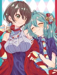 Rule 34 | 2girls, aqua hair, aqua nails, bare shoulders, breasts, brown eyes, brown hair, closed mouth, coat, commentary, dress, gloves, hair ribbon, hatsune miku, head on another&#039;s shoulder, holding another&#039;s arm, large breasts, long hair, meiko (vocaloid), misogi ria, multiple girls, nail polish, off shoulder, partially fingerless gloves, purple dress, purple shirt, red coat, red nails, ribbon, shirt, short hair, smile, striped clothes, striped gloves, twintails, very long hair, vocaloid