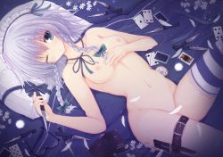 Rule 34 | 1girl, :o, absurdres, ace (playing card), ace of spades, bad id, bad pixiv id, black-framed eyewear, blanket, blue bow, blue ribbon, book, bow, braid, breasts, card, collarbone, commentary request, cowboy shot, feathers, flower, glasses, groin, hair between eyes, hair bow, hair ribbon, hand on own chest, hand up, highres, holding, holding knife, holding weapon, holster, izayoi sakuya, jewelry, knife, lace, lace-trimmed legwear, lace trim, light particles, looking at viewer, lying, maid headdress, medium breasts, mimi (rasy5002), navel, neck ribbon, nipples, nude, on back, one eye closed, parted lips, pendant, pillow, playing card, purple flower, reverse grip, ribbon, short hair, single thighhigh, solo, spade (shape), stomach, striped clothes, striped thighhighs, thigh holster, thighhighs, thighs, touhou, twin braids, unworn eyewear, weapon, white flower