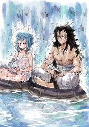Rule 34 | 1boy, 1girl, bandages, curly hair, fairy tail, gajeel redfox, levy mcgarden, long hair, meditation, messy hair, rock, rusky, scar, topless male, tattoo, water, waterfall, wet