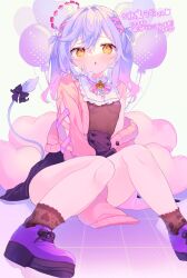 Rule 34 | 1girl, arm between legs, arm support, balloon, blush, bow, breasts, cardigan, colored tips, commission, gradient hair, hair bow, halo, heart, heart-shaped pillow, heart balloon, highres, indie virtual youtuber, komomo (2899), long hair, long sleeves, looking at viewer, multicolored hair, pillow, pink hair, purple footwear, purple hair, sakuma lovey, signature, sitting, skeb commission, skirt, sleeves past wrists, solo, tail, tail ornament, twintails, virtual youtuber, yellow eyes