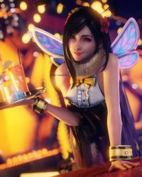 Rule 34 | 1girl, 3d, absurdres, bare shoulders, bee costume, black hair, blurry, blurry background, bow, bowtie, cup, drink, earrings, final fantasy, final fantasy vii, final fantasy vii remake, hair ornament, hand on table, highres, holding, honey bee inn, jewelry, long hair, looking at viewer, red eyes, ria-neearts, solo, square enix, tifa lockhart