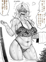 1girl abs axe_earrings bikini blush breasts bush cleavage cleaver commentary_request contrapposto cowboy_shot earrings embarrassed female_pubic_hair floral_print_bikini flying_sweatdrops greyscale highres huge_breasts jewelry long_hair looking_at_viewer mature_female messy_hair monochrome muscular muscular_female navel nose_blush open_mouth pointy_ears pubic_hair pubic_hair_peek ryuuichi_(f_dragon) sakata_nemuno solo sweat swimsuit touhou translation_request wading water