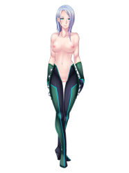 Rule 34 | 1girl, ass, blue hair, bodysuit, breasts, brown hair, butcha-u, character sheet, female focus, flat color, full body, high heels, highres, hyouryuu kangoku chronos, crossed legs, lilith-soft, nude, simple background, skin tight, smile, soiree (chronos), solo, space suit, standing, white background