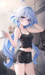Rule 34 | 1girl, absurdres, ahoge, alternate costume, black shirt, black shorts, blue eyes, blue hair, breasts, cleavage, closed mouth, collarbone, colored inner hair, cowboy shot, cup, furina (genshin impact), genshin impact, hair between eyes, hair intakes, hand in own hair, heterochromia, highres, holding, holding cup, indoors, light blue hair, light blush, long hair, looking at viewer, medium breasts, multicolored hair, navel, poise, shirt, short shorts, shorts, sidelocks, sleeveless, sleeveless shirt, solo, streaked hair, thighs, two-tone hair