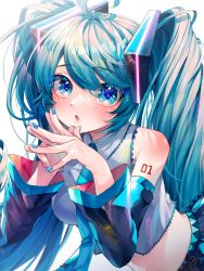 Rule 34 | 1girl, :o, alternate costume, aqua eyes, aqua hair, aqua necktie, bare shoulders, black skirt, black sleeves, blue nails, commentary, crop top, detached sleeves, fingers together, grey shirt, hair ornament, hatsune miku, highres, leaning forward, long hair, looking at viewer, nail polish, necktie, open mouth, pleated skirt, shirayuki towa, shirt, shoulder blush, shoulder tattoo, skirt, sleeveless, sleeveless shirt, solo, steepled fingers, symbol in eye, tattoo, twintails, upper body, very long hair, vocaloid, white background