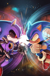 Rule 34 | 2boys, archie comics, battle, clash, closed mouth, commentary, cover, cover page, english commentary, from side, furry, furry male, gloves, green eyes, male focus, metal sonic, multiple boys, official art, red footwear, robot, serious, shoes, sneakers, snout, sonic (series), sonic the hedgehog, sonic the hedgehog (archie comics), textless version, tyson hesse, white gloves