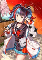 Rule 34 | 1girl, black choker, black hair, black kimono, black nails, blue hair, chacha zo, cherry blossoms, choker, collarbone, commentary request, day, fate/grand order, fate (series), fence, grin, highres, jacket, japanese clothes, kimono, looking at viewer, multicolored hair, nail polish, obi, obijime, oil-paper umbrella, outdoors, red hair, sailor collar, sash, sei shounagon (fate), short kimono, short twintails, smile, solo, standing, streaked hair, teeth, tree, twintails, umbrella, v, walking, water, white jacket, yellow eyes