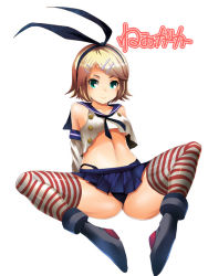 Rule 34 | 1girl, ass, bad id, bad pixiv id, bare shoulders, black panties, blonde hair, breasts, cosplay, crop top, crossover, elbow gloves, gloves, green eyes, hair ornament, hairband, hairclip, highleg, highleg panties, kagamine rin, kantai collection, midriff, no bra, panties, sailor collar, shimakaze (kancolle), shimakaze (kancolle) (cosplay), short hair, sigetch, sitting, skirt, small breasts, smile, solo, spread legs, striped clothes, striped thighhighs, thighhighs, underboob, underwear, vocaloid