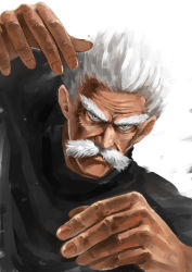 Rule 34 | 1boy, bang (one-punch man), black shirt, blouse, eyebrows, facial hair, fighting stance, grey eyes, highres, looking at viewer, male focus, mustache, old, old man, one-punch man, shirt, solo, somehira katsu, upper body, white hair