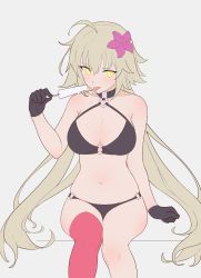 Rule 34 | 1girl, :p, absurdres, ahoge, bikini, black bikini, black gloves, breasts, cleavage, fate/grand order, fate (series), flower, food, gloves, grey background, hair flower, hair ornament, halterneck, highres, jeanne d&#039;arc alter (swimsuit berserker) (fate), jeanne d&#039;arc (fate), jeanne d&#039;arc alter (fate), jeanne d&#039;arc alter (swimsuit berserker) (fate), large breasts, light brown hair, long hair, milim nova, navel, o-ring, o-ring bikini, o-ring bottom, o-ring top, popsicle, red thighhighs, simple background, single thighhigh, sitting, solo, swimsuit, symbol-only commentary, thighhighs, tongue, tongue out, very long hair, yellow eyes