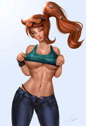 Rule 34 | 1girl, ;), backlighting, black panties, breasts, brown hair, cleavage, clothes lift, collarbone, contrapposto, creatures (company), denim, eyebrows, eyewear on head, felox08, game freak, green eyes, hair ornament, heart, heart hair ornament, highleg, highleg panties, highres, jeans, large breasts, lifted by self, lips, long hair, looking at viewer, nail polish, navel, nintendo, no bra, nose, one eye closed, open fly, panties, pants, pokemon, pokemon swsh, shiny skin, shirt lift, side ponytail, smile, solo, sonia (pokemon), standing, sunglasses, tank top, teasing, thick eyebrows, toned, underwear, wristband