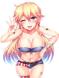 Rule 34 | 10s, 1girl, ;p, adapted costume, american flag, anchor symbol, bad id, bad pixiv id, bandeau, bare shoulders, belt, black panties, blonde hair, blue eyes, blush, breasts, buckle, cleavage, collarbone, cowboy shot, eyebrows, gluteal fold, groin, hair between eyes, hand on own hip, heart, heart tattoo, highleg, highleg panties, highres, iowa (kancolle), kantai collection, large breasts, long hair, looking at viewer, money gesture, nail polish, navel piercing, one eye closed, open mouth, palms, panties, piercing, pink nails, ribbon, short shorts, shorts, silly (marinkomoe), single thighhigh, solo, star-shaped pupils, star (symbol), stomach, strapless, striped, symbol-shaped pupils, tattoo, thigh gap, thighhighs, thong, toned, tongue, tongue out, tube top, underboob, underwear, white background