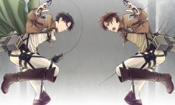 Rule 34 | 2boys, ascot, belt, black hair, boots, brown hair, cape, chimachi, eren yeager, jacket, levi (shingeki no kyojin), multiple boys, shingeki no kyojin, sword, symmetry, thigh strap, three-dimensional maneuver gear, weapon, wire