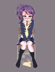 Rule 34 | 1girl, between legs, black socks, blue jacket, blue skirt, blush, chair, embarrassed, female focus, flat chest, full body, grey background, hand between legs, jacket, kneehighs, kyuujuu, long sleeves, miniskirt, necktie, nose blush, open mouth, own hands together, pee, peed self, plaid, plaid skirt, pleated skirt, ponytail, pretty series, pripara, puddle, purple hair, red necktie, school uniform, shirt, short hair, simple background, sitting, skirt, socks, solo, steam, sweater, tears, textless version, toudou shion, trembling, v arms, white shirt, yellow eyes, yellow sweater