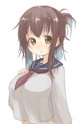 Rule 34 | 1girl, alternate breast size, blue sailor collar, breasts, brown hair, folded ponytail, fyuo, highres, inazuma (kancolle), kantai collection, large breasts, long hair, looking at viewer, neckerchief, red neckerchief, sailor collar, school uniform, serafuku, simple background, solo, upper body, white background