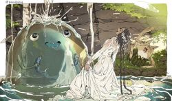 Rule 34 | 1girl, animal, black hair, blob, braid, dress, closed eyes, fish, holding, holding animal, holding fish, long hair, long sleeves, monster, open mouth, original, parallela66, partially submerged, profile, see-through, smile, twin braids, twintails, very long hair, wet, wet clothes, wet dress, white dress